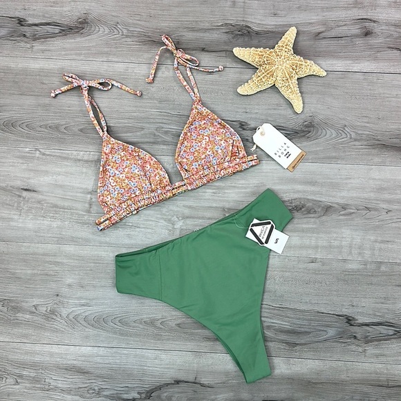 ☀️BILLABONG☀️ RVCA☀️ Chase The Sun Double Ruched Triangle SOLD HIGH RISE CHEEKY - Picture 2 of 15